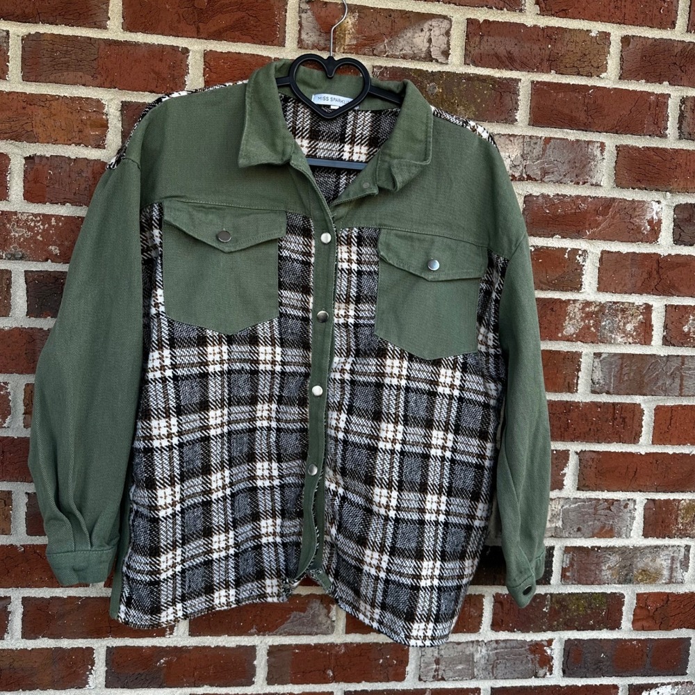 Plaid & Olive‎ Green Shacket Snap Button Lightweight Jacket Layering Oversized - Picture 2 of 7